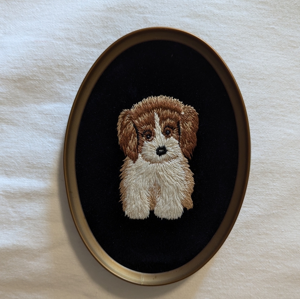 3 For $20 VINTAGE Framed Embroidered Velvet Puppy